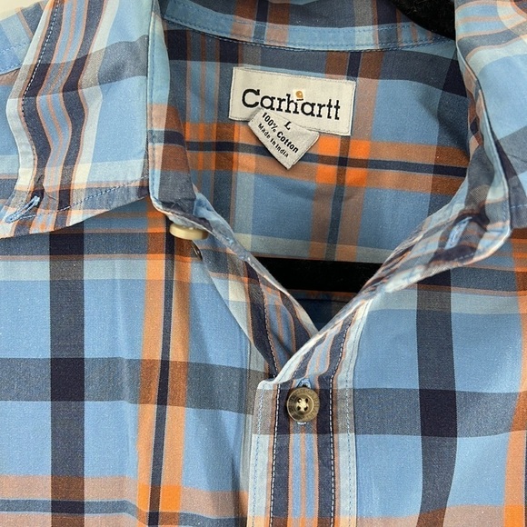 CARHARTT PLAID LONG SLEEVE BUTTON DOWN BLUE ORANGE SHIRT LARGE - Picture 3 of 4